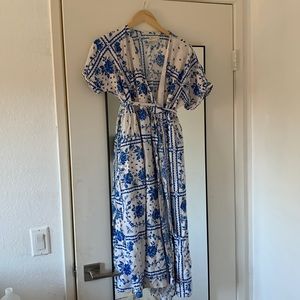 Women's Blue Uo Gabrielle Woven Midi Wrap Dress